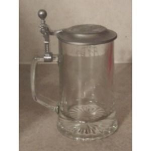 VTG Antique German Sailboat Beer Stein SALEM SHIP 1786 Etched GLASS & Pewter Lid